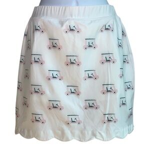 TOSS DESIGNS Golf Skirt Skort All Over Golf Cart Pattern White Scalloped Hemline